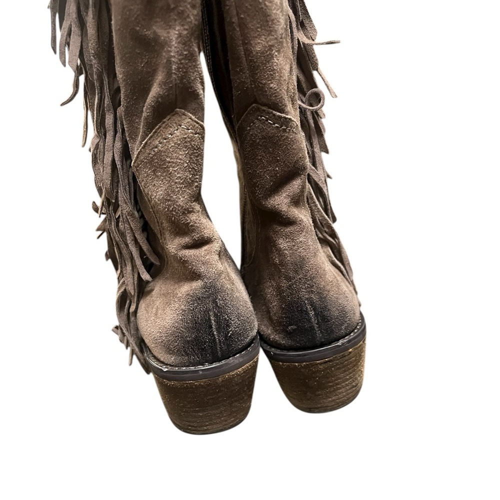 Carlos Santana Ringo taupe suede fringe knee high western distressed boots - Picture 6 of 11